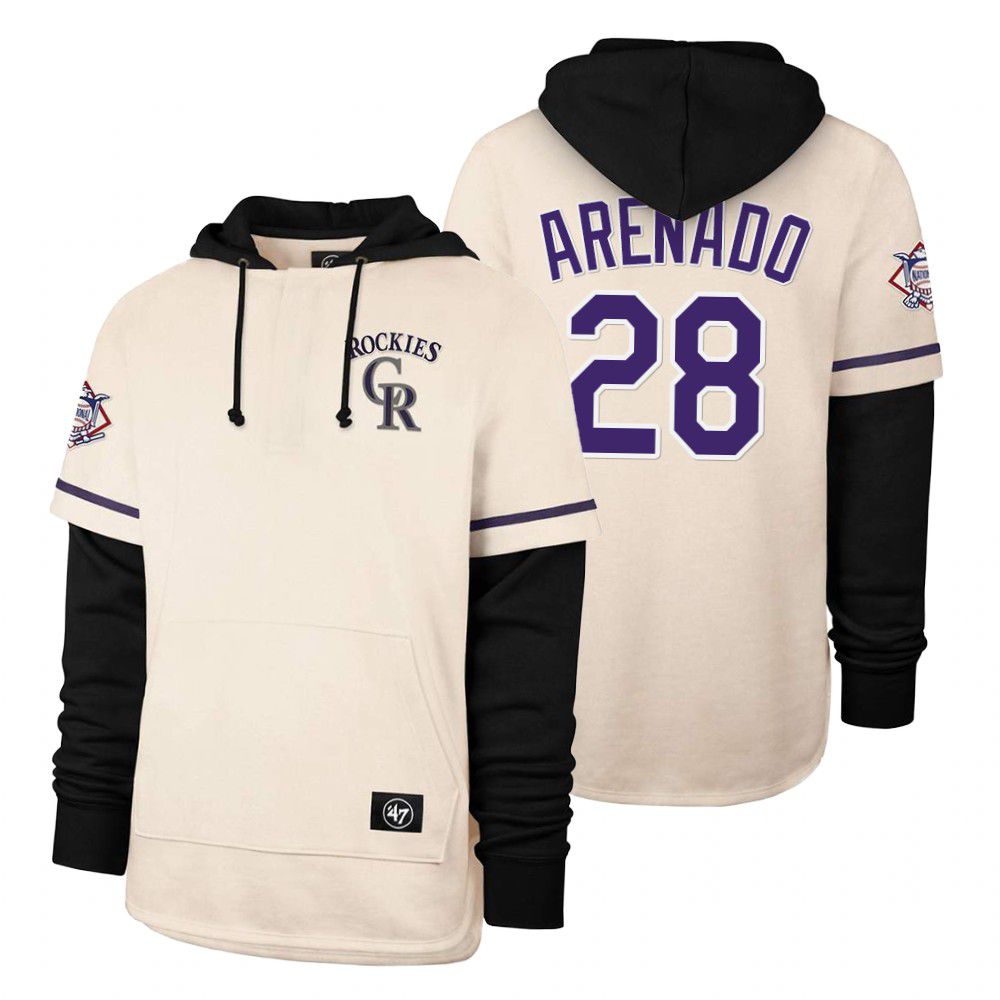 Men Colorado Rockies #28 Arenado Cream 2021 Pullover Hoodie MLB Jersey